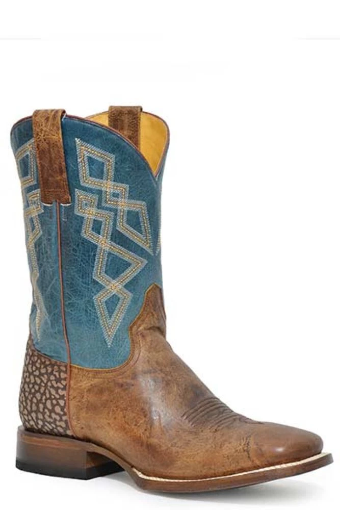 'Roper' Men's 11" Merritt Western Square Toe - Waxy Tan / Burnish Blue 1 'Roper' Men's 11" Merritt Western Square Toe - Waxy Tan / Burnish Blue