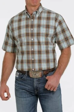 'Cinch' Men's Ombre Plaid Short Sleeve Button Down Shirt - Brown/Turquoise -Outdoor Clothing Sale MTW1111398 2 1024x1024@2x