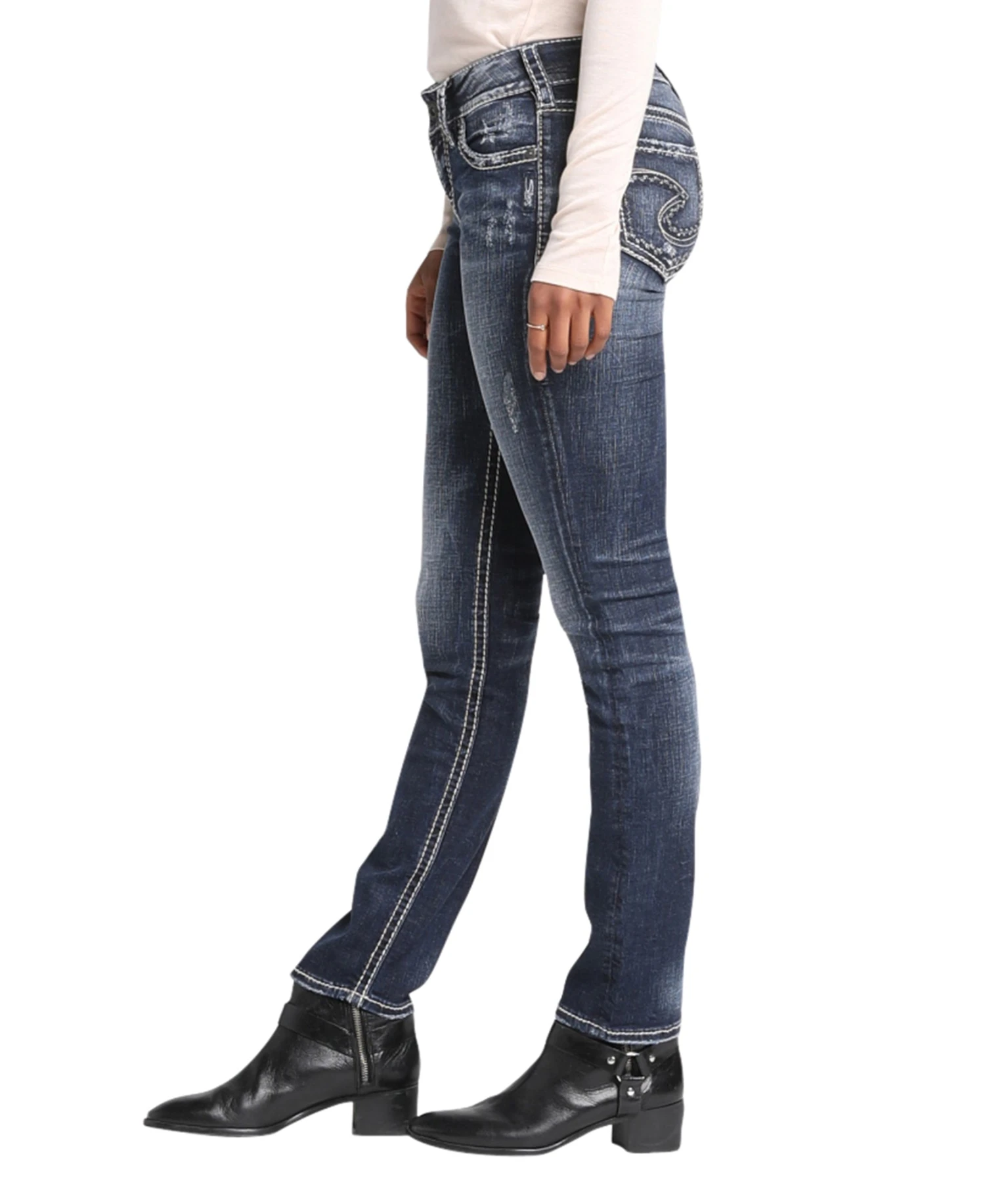 'Silver Jeans' Women's Suki Mid Rise Straight Leg - Distressed Dark Indigo 3 'Silver Jeans' Women's Suki Mid Rise Straight Leg - Distressed Dark Indigo - Image 3